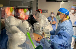 A photo of surgeons using Levita Magnetics surgical robot at Cleveland Clinic Children’s.