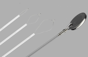 These combined Cook Medical marketing images show the Cold AcuSnare polypectomy snare (left) and its Caesar alligator rat tooth grasping forceps (right).