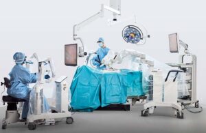 Distalmotion's surgical robot system, Dexter, in an operating room.