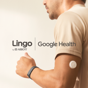 This is a marketing image for the Abbott and Google health tracking partnership that shows a man running with both a Lingo glucose sensor on his arm and a health tracker on his wrist.
