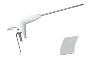 The ZuriMed marketing image shows the FiberLocker instrument on the left and the SpeedPatch on the right used for shoulder rotator cup augmentation and set to join Stryker's portfolio through its acquisition of ZuriMed.