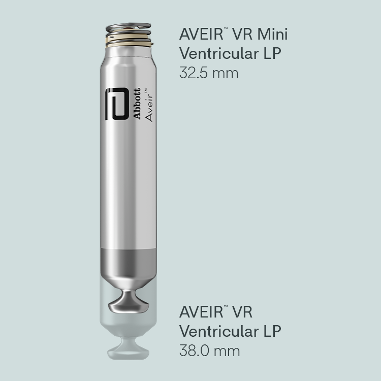 This is a labeled chart from Abbott to show how the Aveir VR Mini ventricular leadless pacemaker is 32.5 mm long, a 14% reduction from the 38.0 mm of the existing Aveir VR ventricular leadless pacemaker.