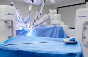 A photo of Medtronic's LigaSure RAS instrument with the Hugo surgical robot