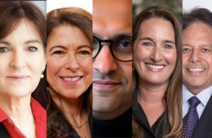 From left to right, Connie Lehman, founder and CEO of Clairity, Laura Yecies, CEO of Osteoboost, Karthik Ganesh, the CEO of OnMed, Kara Egan, founder and CEO of Teal Health, and Dr. Sudhir Srivastava, physician-founder and CEO of SS Innovations, who were all featured by FastWave Medical's Scott Nelson in his article about designing medtech for access.